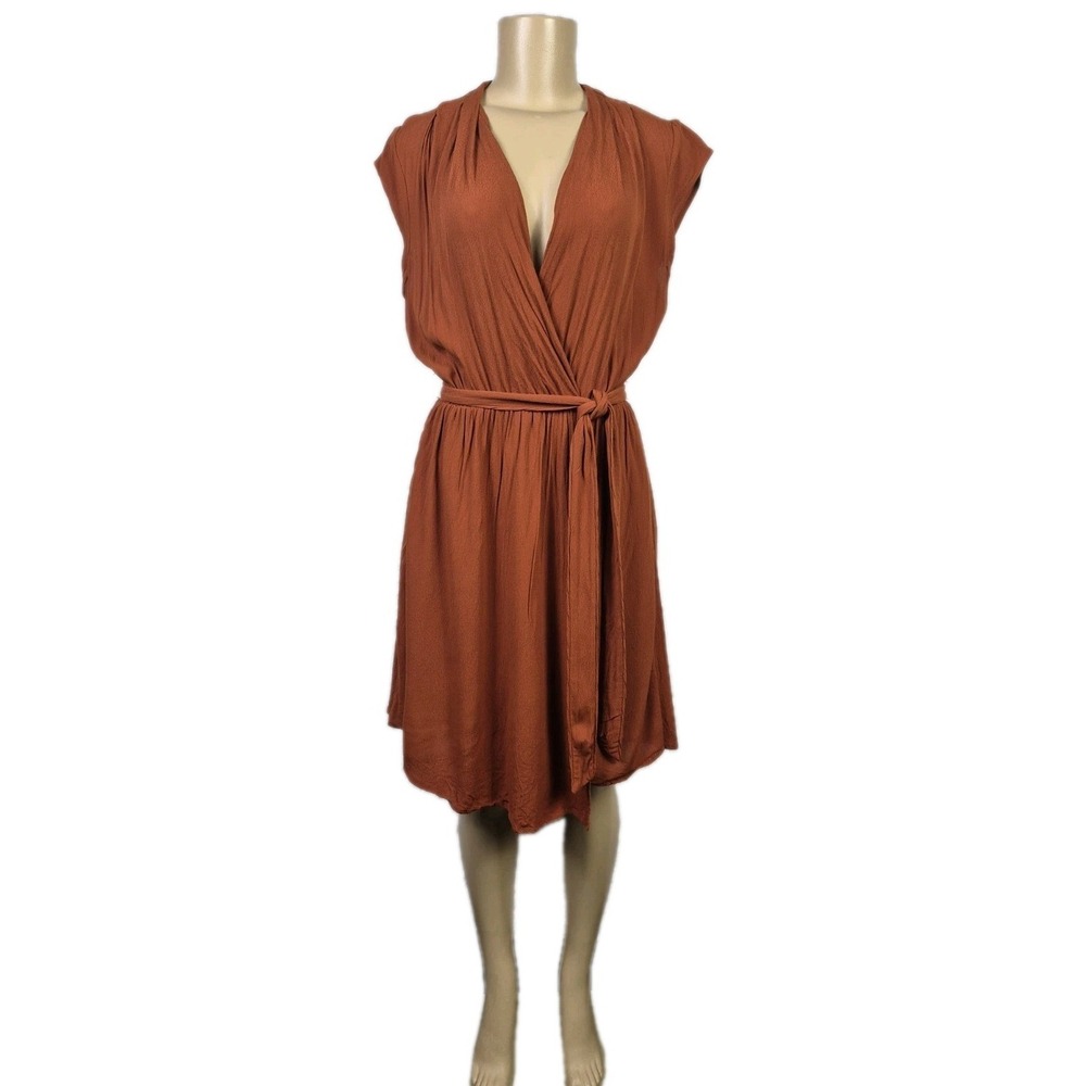 Maeve Anthropologie S Noronha Burnt Orange Faux Wrap‎ Belted Midi Dress